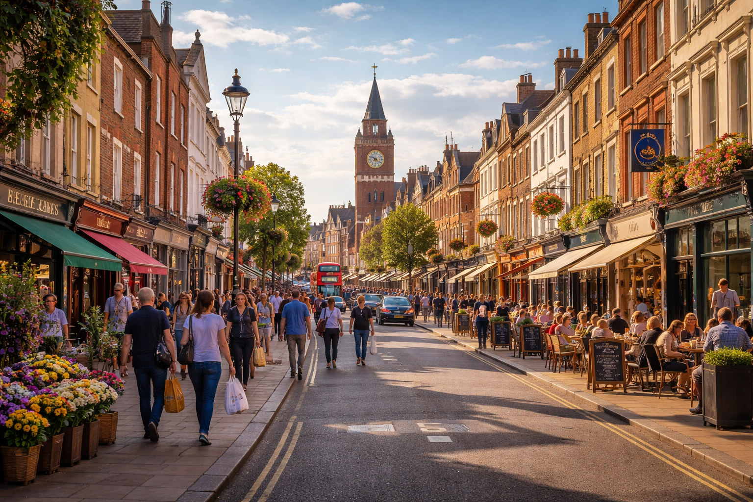 A busy UK high street scene